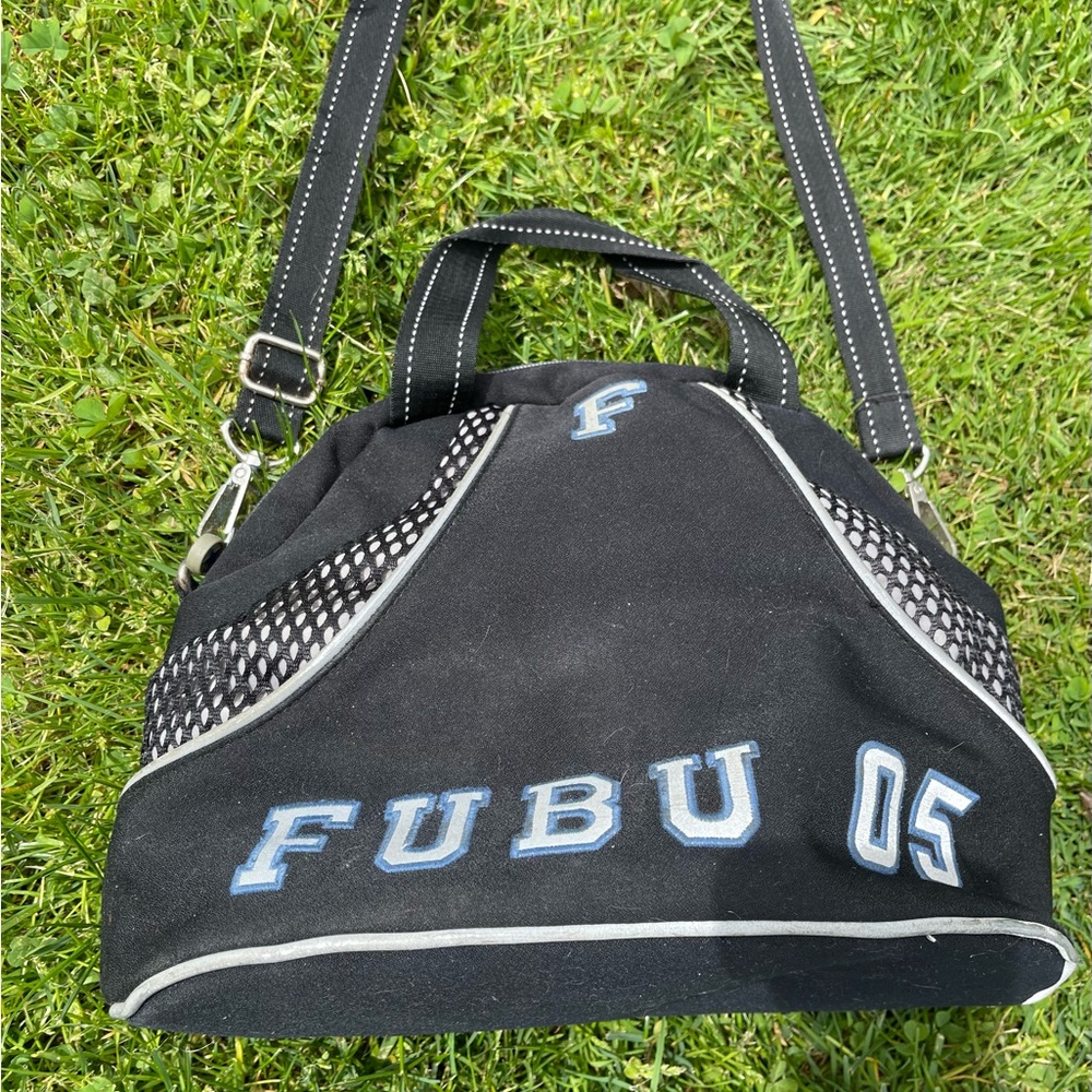 FUBU Varsity Black Shoulder Bag with Contrast Stitching and Adjustable Strap
